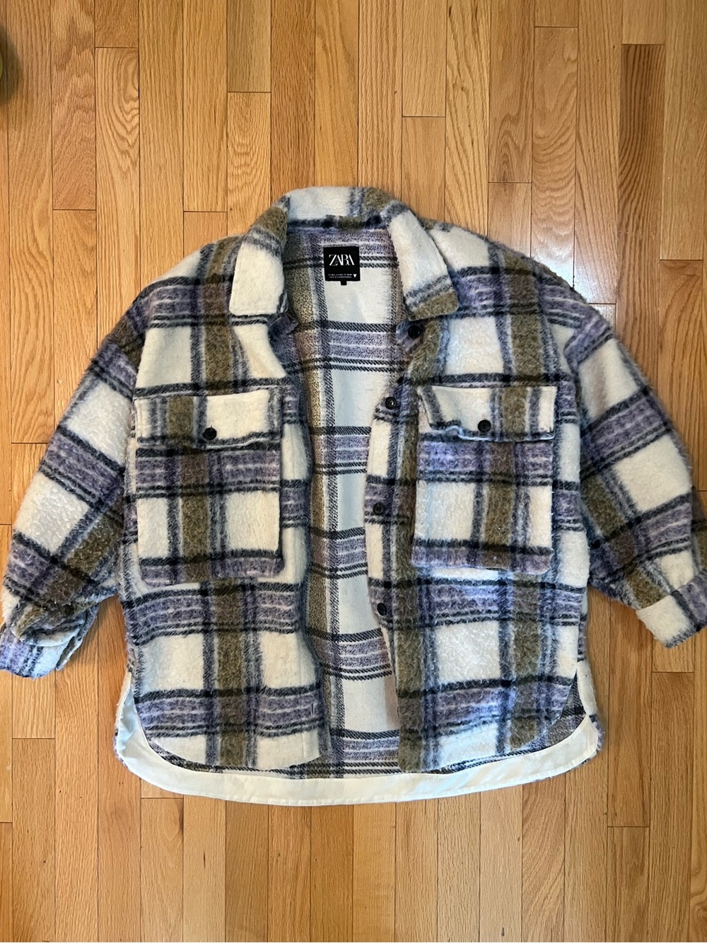 Zara Unisex Plaid Shacket Jacket in Cream and Purple